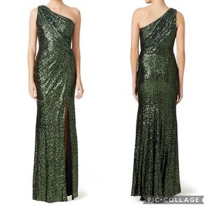Badgley Mischka Green Constellation Dress Size 6 Sequin Ruched One Shoulder